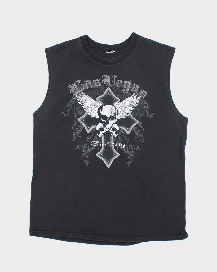 Vintage Y2K Las Vega Sin City Gothic Print Cut Off T-Shirt - L sold by Rokit