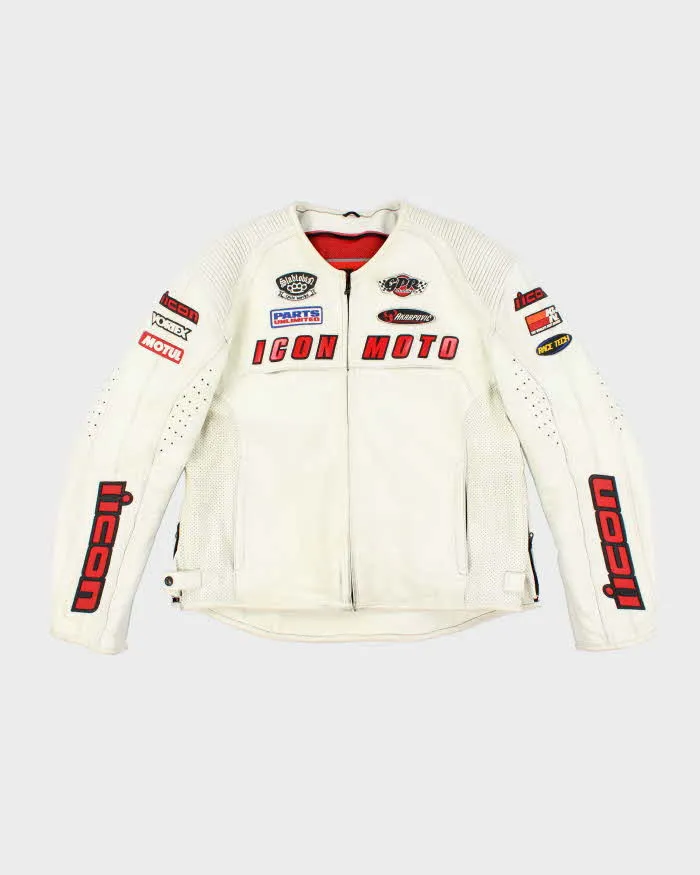 Vintage Y2K Icon Heavyweight Branded White Leather Biker Jacket - L sold by Rokit