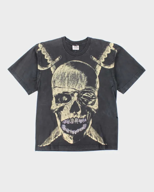 Vintage Y2K Pirate Skull Distressed Graphic T-Shirt - L sold by Rokit