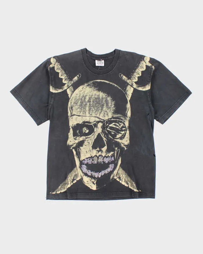 Vintage Y2K Pirate Skull Distressed Graphic T-Shirt - L sold by Rokit