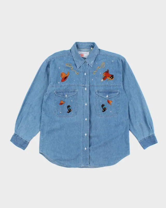 Vintage Amrav Western Embroidered Denim Long Sleeve Shirt - L sold by Rokit