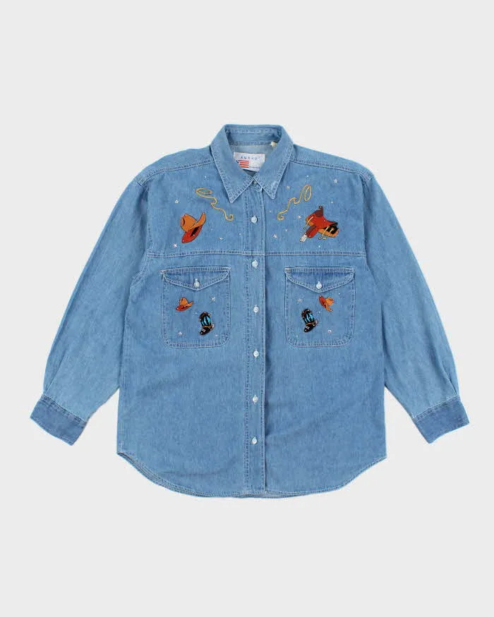 Vintage Amrav Western Embroidered Denim Long Sleeve Shirt - L sold by Rokit