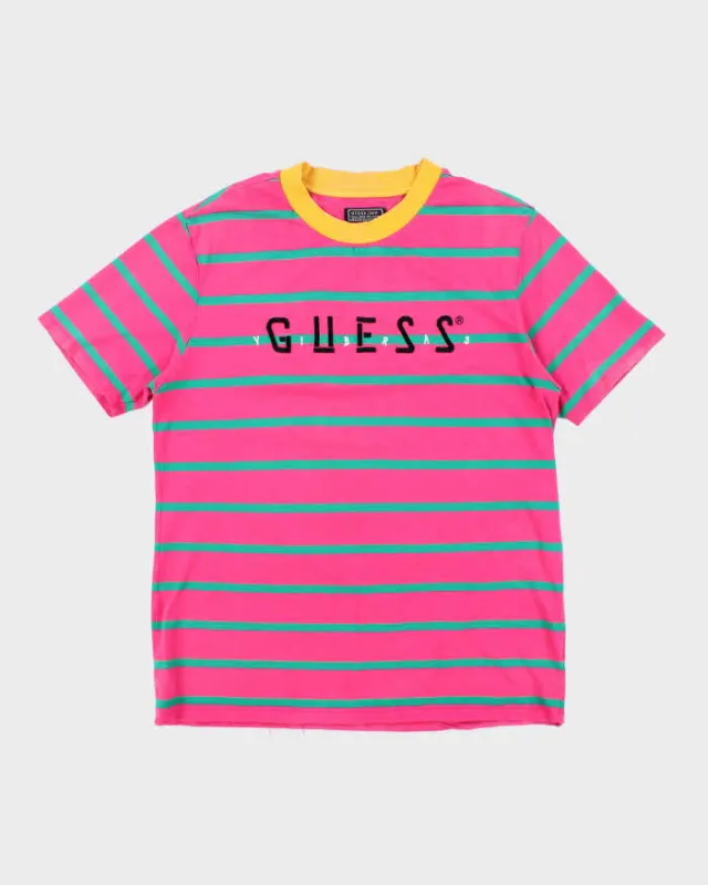 Vintage 90's Guess Embroidered Logo Striped T-Shirt - L sold by Rokit