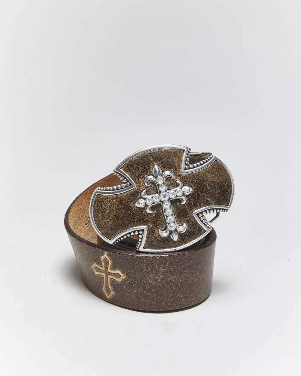 Vintage Y2k 00s Justin Crucifix Leather Belt - W31-W38 sold by Rokit