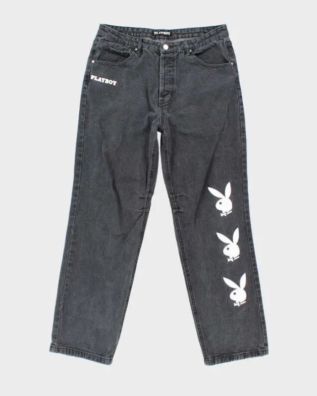 Vintage Y2K Playboy Graphic Printed Bootcut Grey Wash Jeans - W32 L30 sold by Rokit