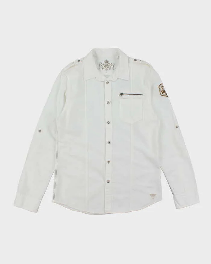 Vintage Y2K Guess Military Style White Long Sleeve T-Shirt - L sold by Rokit