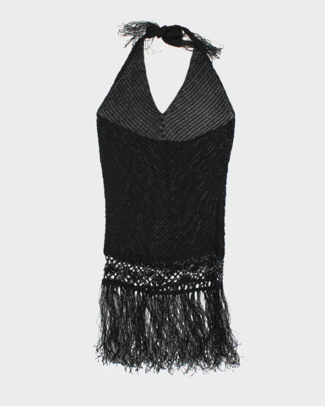 Vintage Y2k 00s Crochet Beaded Tassel Halter Neck Top - S sold by Rokit