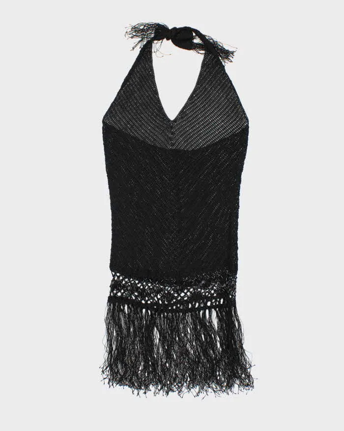 Vintage Y2k 00s Crochet Beaded Tassel Halter Neck Top - S sold by Rokit