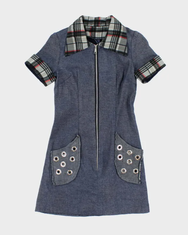 Vintage Y2k 00s Eyelet Tartan Zip-Up Denim Dress - S sold by Rokit