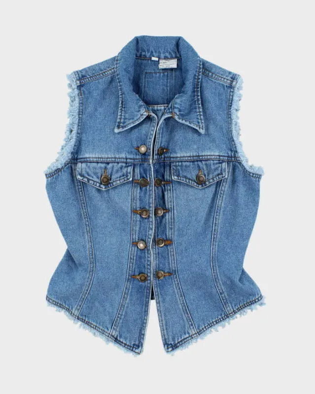 Vintage Y2K Medium Wash Frayed Denim Gilet - S made by Rokit