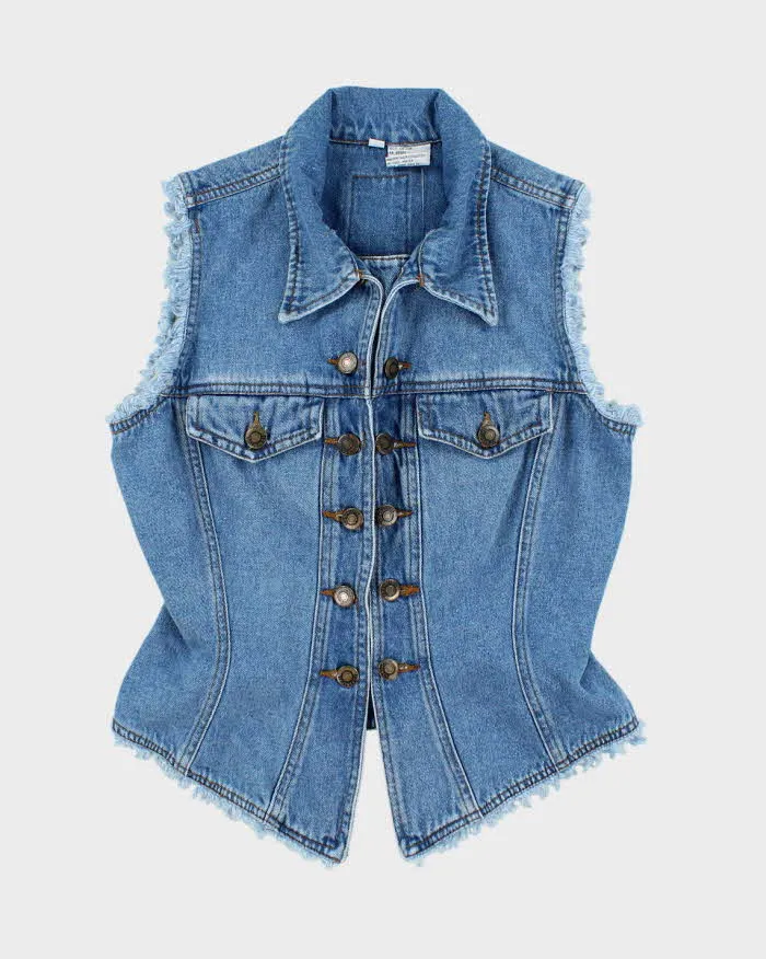 Vintage Y2K Medium Wash Frayed Denim Gilet - S sold by Rokit