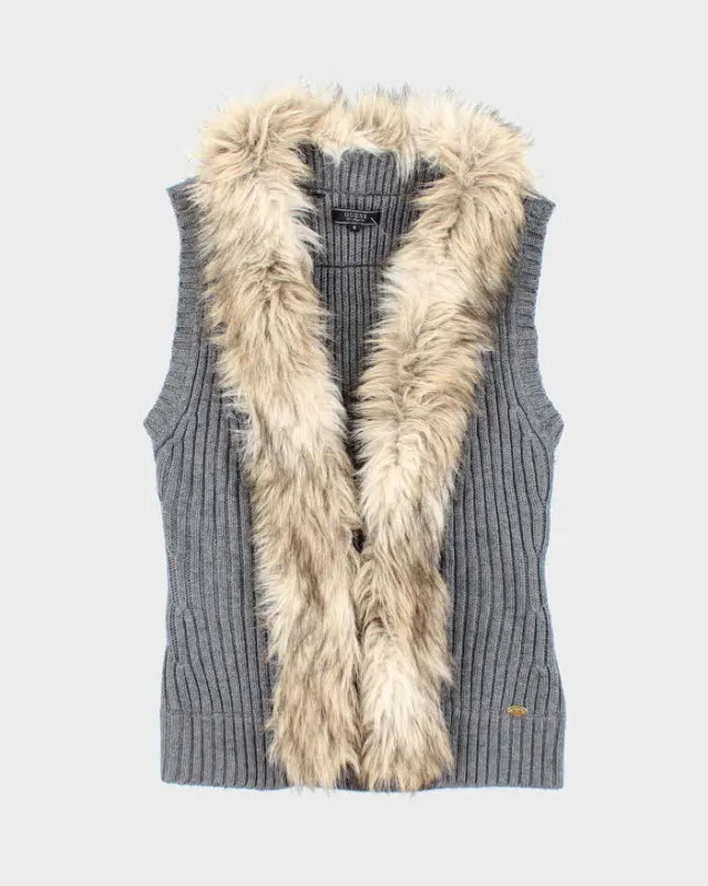 Y2k 00s Guess Faux Fur Collared Grey Knit Vest - M sold by Rokit
