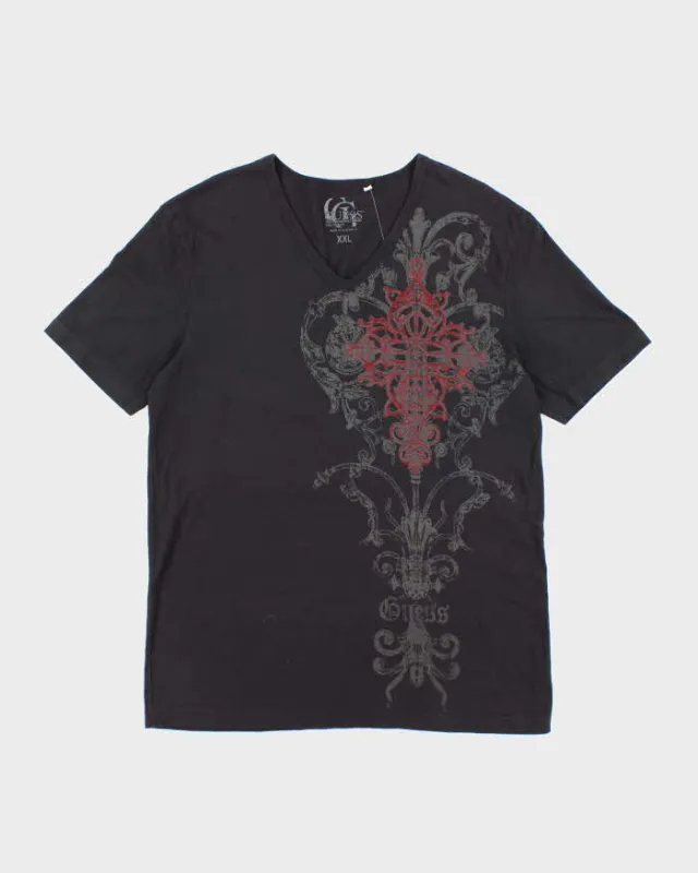 Vintage Y2K Guess Gothic Graphic V-Neck T-Shirt - XXL sold by Rokit