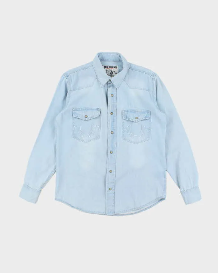 Vintage Y2K True Religion Ultra Light Wash Snap Button Denim Shirt - XL sold by Rokit