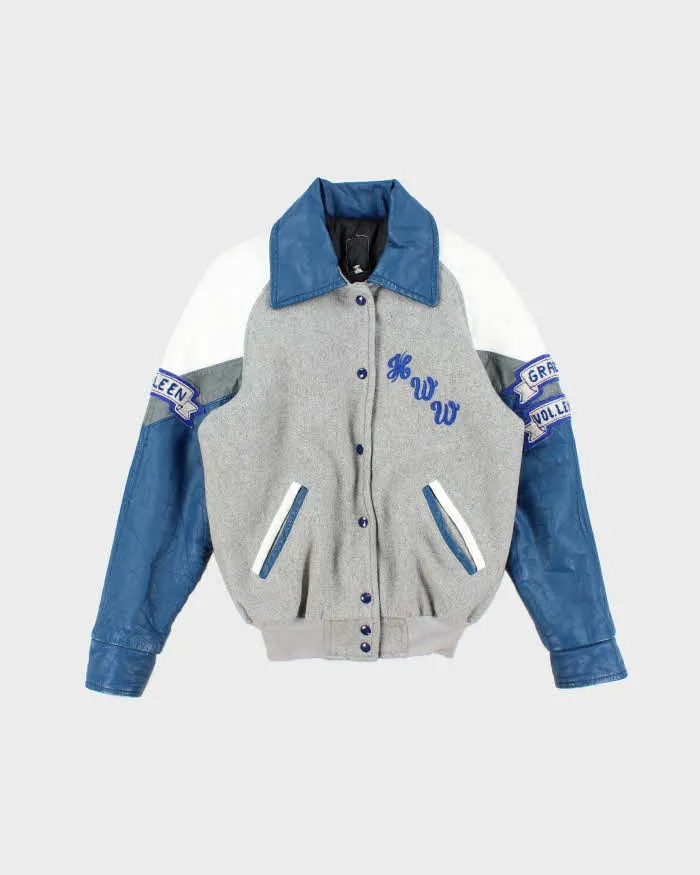 Men's Vintage Leather Blue and Grey Bomber Jacket - M sold by Rokit