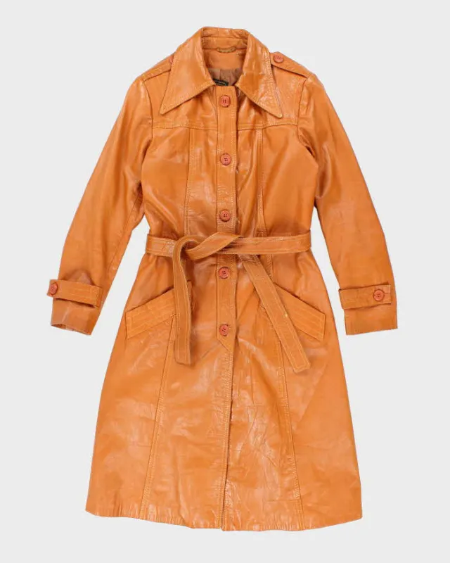 Women's Vintage 1990s Light Orange Brown Leather Trench Jacket - S sold by Rokit