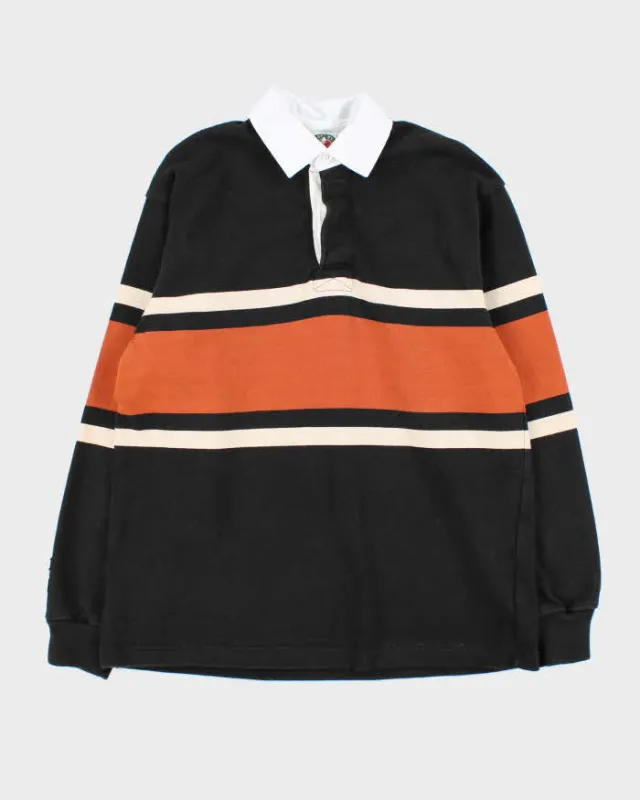 Vintage 90s Rugby Wear Black & Orange Striped Long Sleeve Polo Shirt - S sold by Rokit