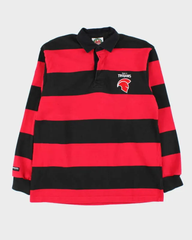 Vintage 90s Rugby Wear Sait Trojans Red & Black Striped Long Sleeve Polo Shirt - L sold by Rokit