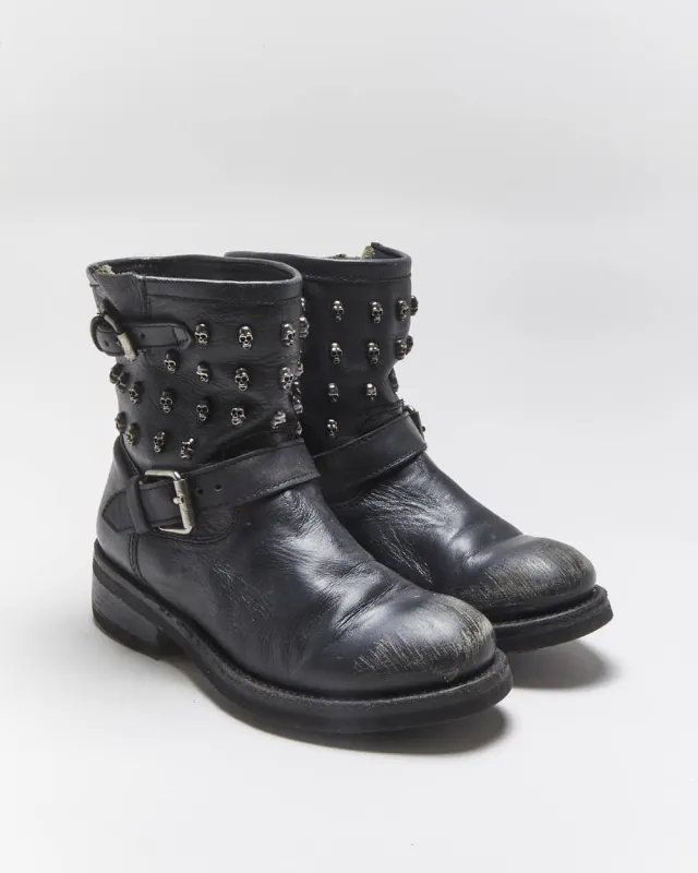 Vintage ASH Skull Studded Leather Biker Boots - UK6 made by Rokit