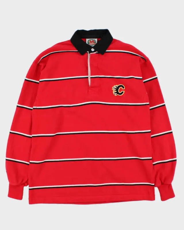 Vintage 90s Rugby Wear Calgary Flames NHL Red & Black Striped Long Sleeve Polo Shirt - L sold by Rokit
