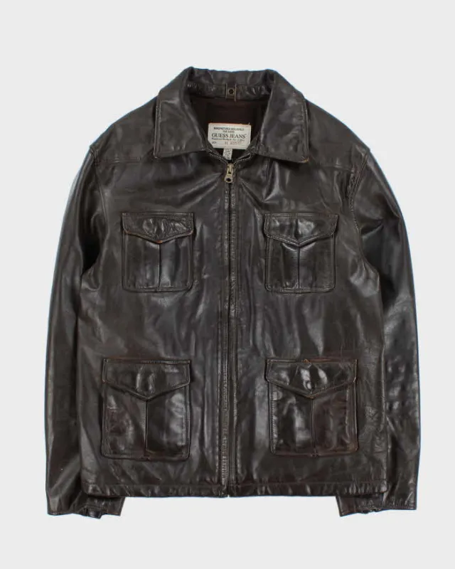 Vintage Y2K 00s Guess Jeans Brown Leather Zip Up Jacket - XL made by Guess