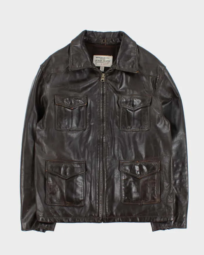 Vintage Y2K 00s Guess Jeans Brown Leather Zip Up Jacket - XL sold by Rokit