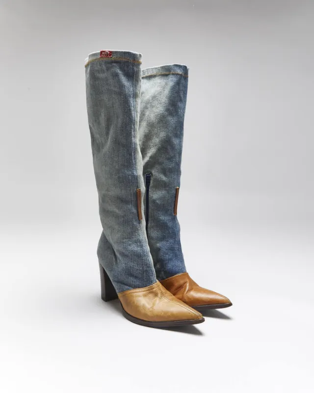 Vintage Y2K 00s Miss Sixty Knee High Denim & Leather Pointed Toe Boots - UK4 sold by Rokit