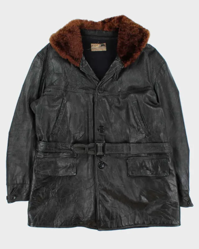 Vintage 1940s Belted Wool Lined Fur Collared Horsehide Leather Jacket - L sold by Rokit