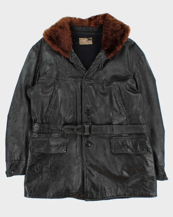 Vintage 1940s Belted Wool Lined Fur Collared Horsehide Leather Jacket - L sold by Rokit