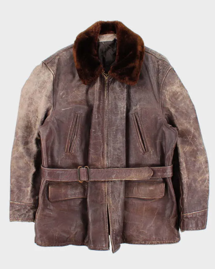 Vintage 1950s Sears Hercules Outerwear Steerhide Fur Collared Long Leather Jacket - XL sold by Rokit