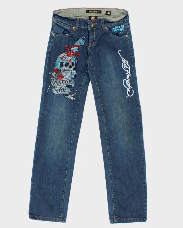 Vintage Y2K 00s Women's Ed Hardy Tattoo Embroidered Diamante Denim Slim Fit Jeans - W26 L30 sold by Rokit