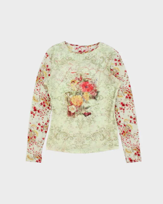 Vintage 90s Floral Mesh Long Sleeve Top - S sold by Rokit