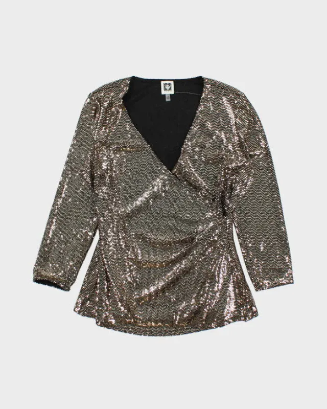 Vintage 00s Women's Anne Klein Gold Sequined Long Sleeve Party Top - M sold by Rokit