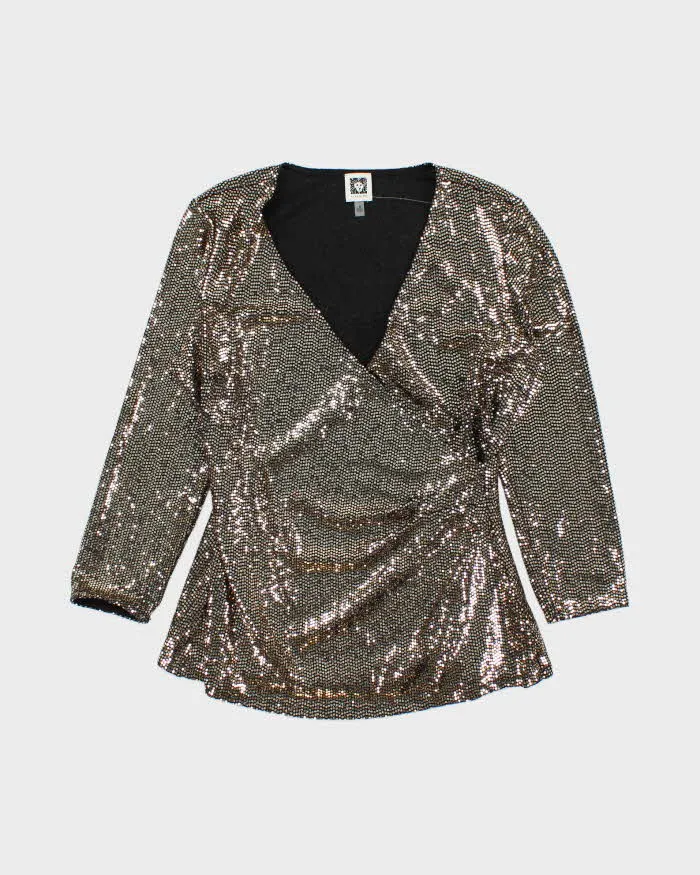 Vintage 00s Women's Anne Klein Gold Sequined Long Sleeve Party Top - M sold by Rokit