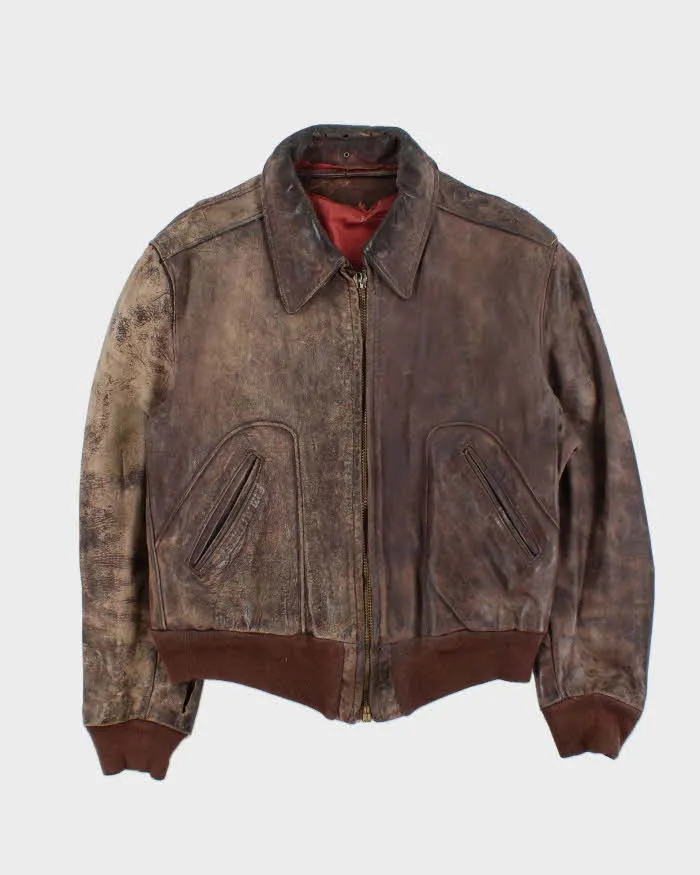 Vintage 1950s Brown Distressed Horsehide Leather A2 Style Flight Jacket - L sold by Rokit