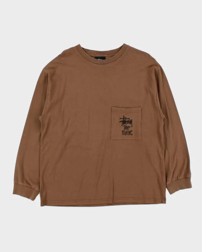 Vintage Brown Stussy Top Form Embroidered Pocket Long Sleeve T-Shirt - L sold by Rokit