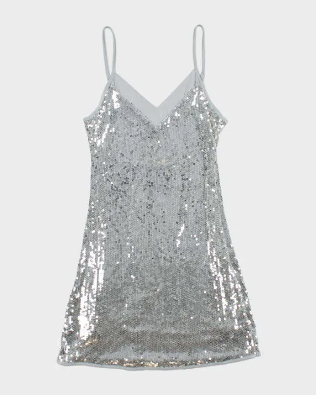 Vintage 1990s Silver Sequin Mini Strappy Party Dress - L sold by Rokit