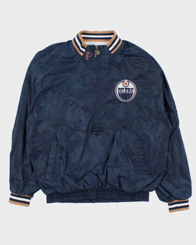 Vintage 1990s Navy Pro Player NHL Oilers Half-Zip Pullover Windbreaker Jacket - M sold by Rokit