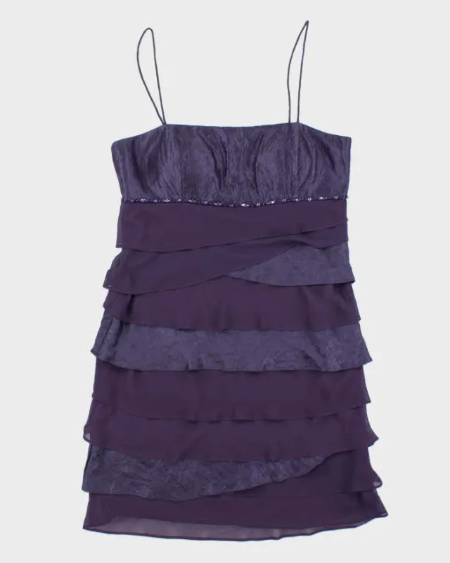 Vintage 1990s Women's Purple Sequined Ruffle Knee Length Party Dress - Size M sold by Rokit