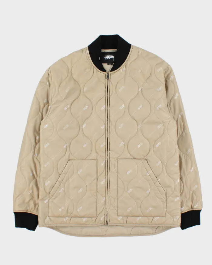 Stussy Beige Logo Print Quilted Bomber Jacket - M sold by Rokit