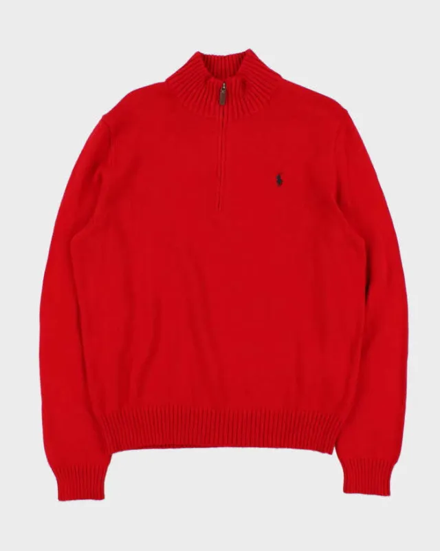 Vintage Polo Ralph Lauren Red Cotton Quarter-Zip Jumper - L sold by Rokit