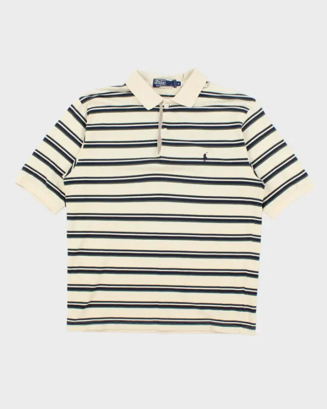 Vintage 1990s Polo Ralph Lauren Cream Striped Short Sleeve Polo Shirt - M sold by Rokit