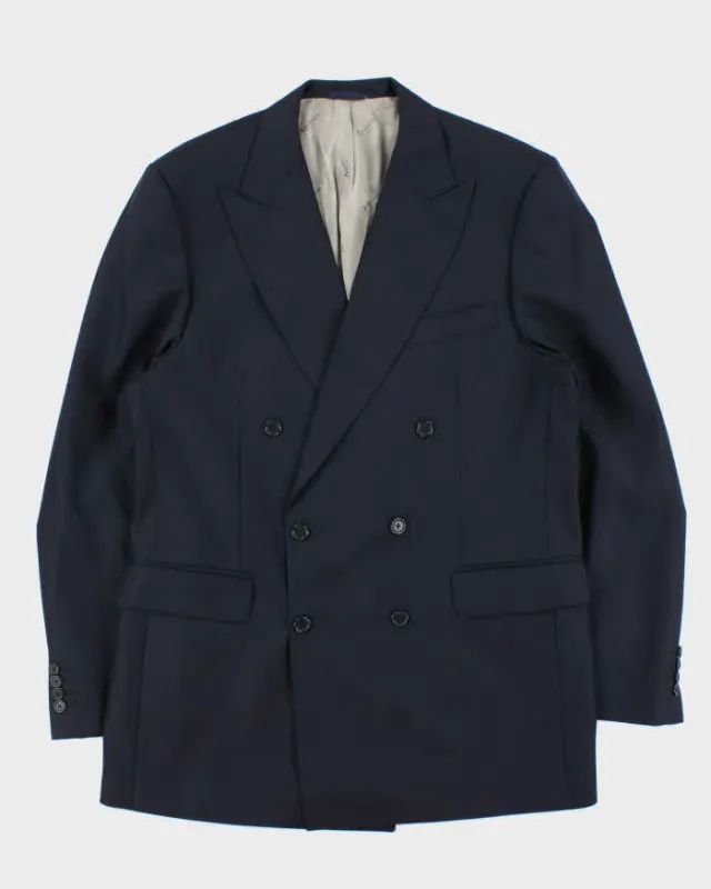Vintage Aquascutum Navy Blue Pinstriped Double Breasted Pure Wool Blazer - L sold by Rokit