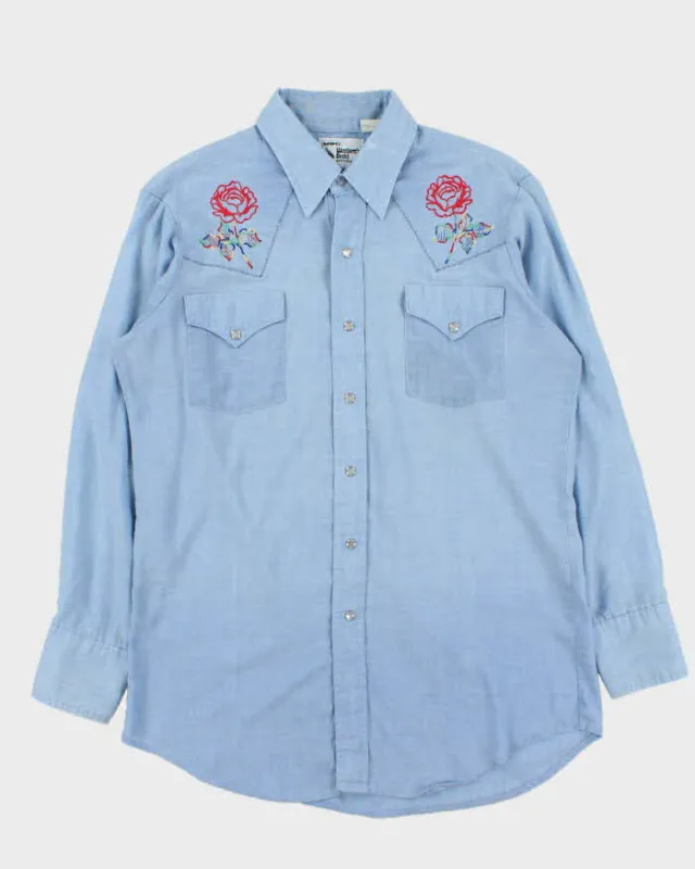 Vintage 1980s Pale Blue MWG Floral Embroidered Western Long Sleeve Shirt - XL sold by Rokit