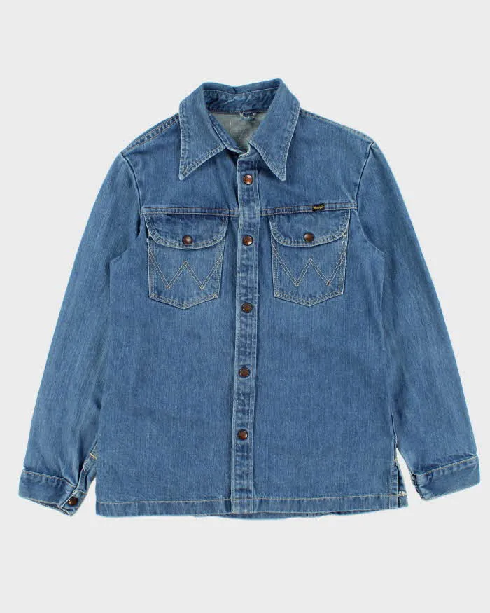 Vintage 1970s Wrangler Dog Tooth Collar Snap Button Denim Over Shirt - S sold by Rokit