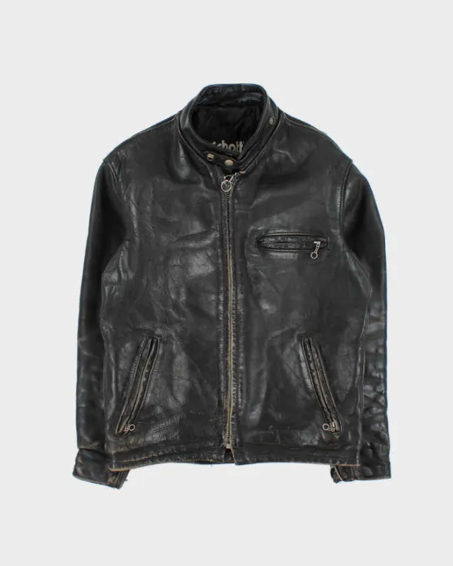 Vintage 1990s Schott Made In USA Distressed Leather Cafe Racer Moto Jacket - S sold by Rokit