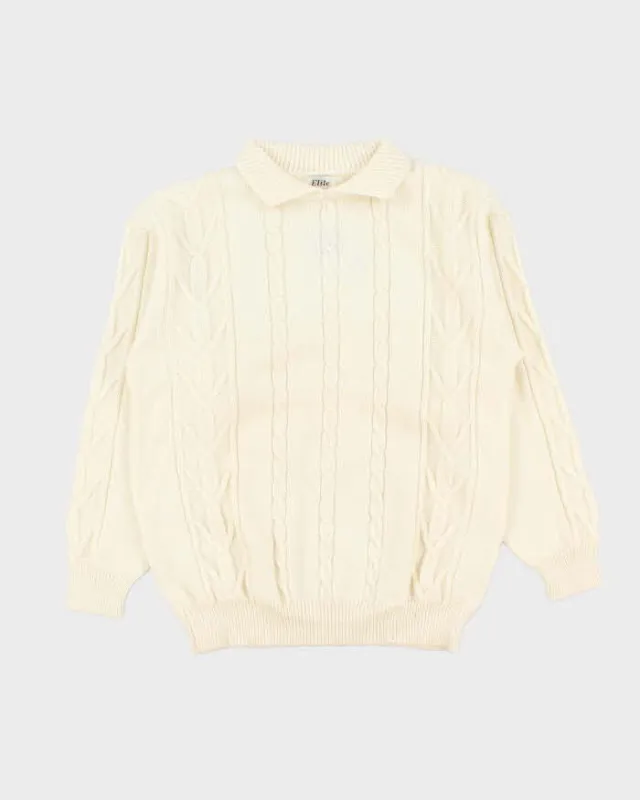 Vintage 1990s Wool Blend Cream Cable-Knit Collared Unisex Sweater - M sold by Rokit