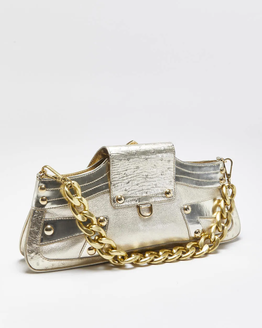 Vintage Versace La Medusa Ostrich Leather Metallic Baguette Shoulder Bag sold by Rokit product image thumbnail 2