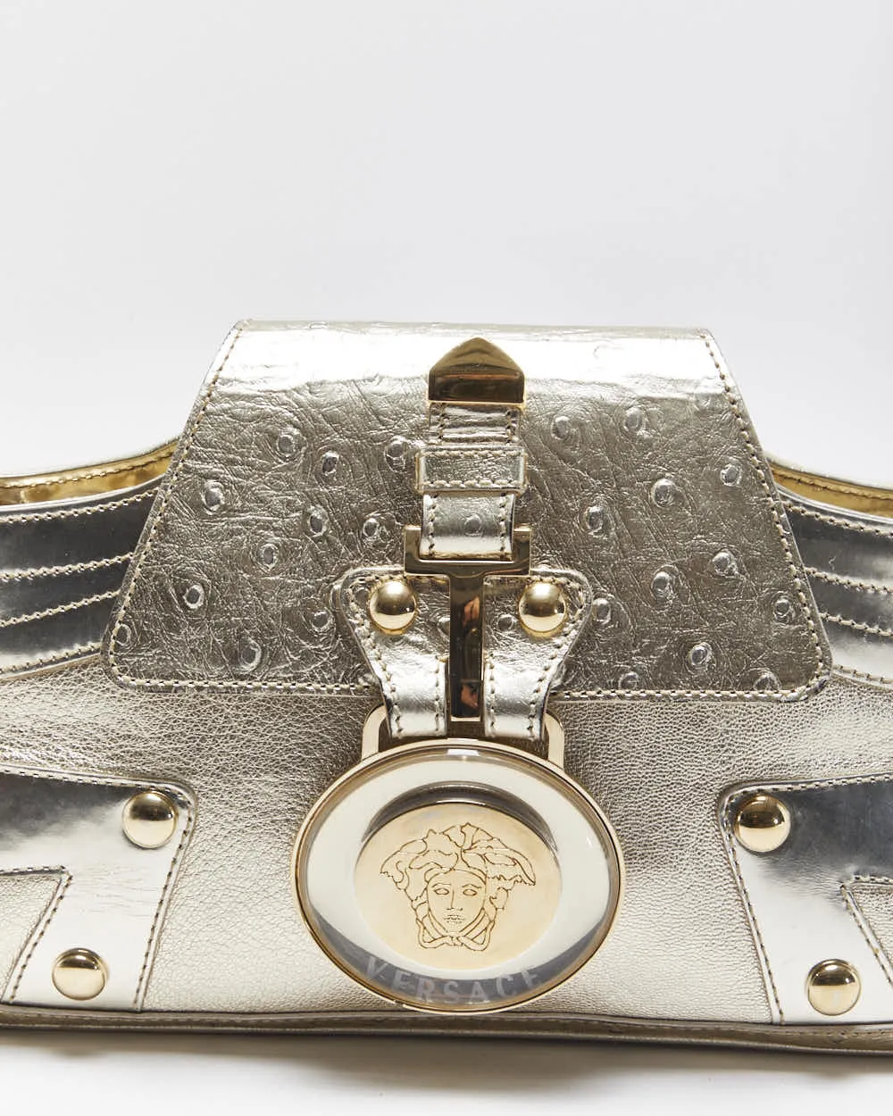 Vintage Versace La Medusa Ostrich Leather Metallic Baguette Shoulder Bag sold by Rokit product image thumbnail 3
