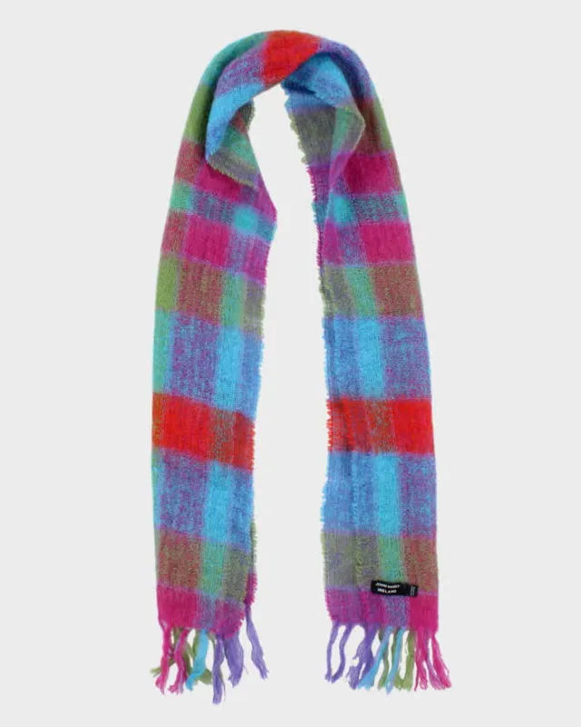 Vintage 00s John Hanly Ireland Multicoloured Mohair Blend Check Fringed Scarf sold by Rokit